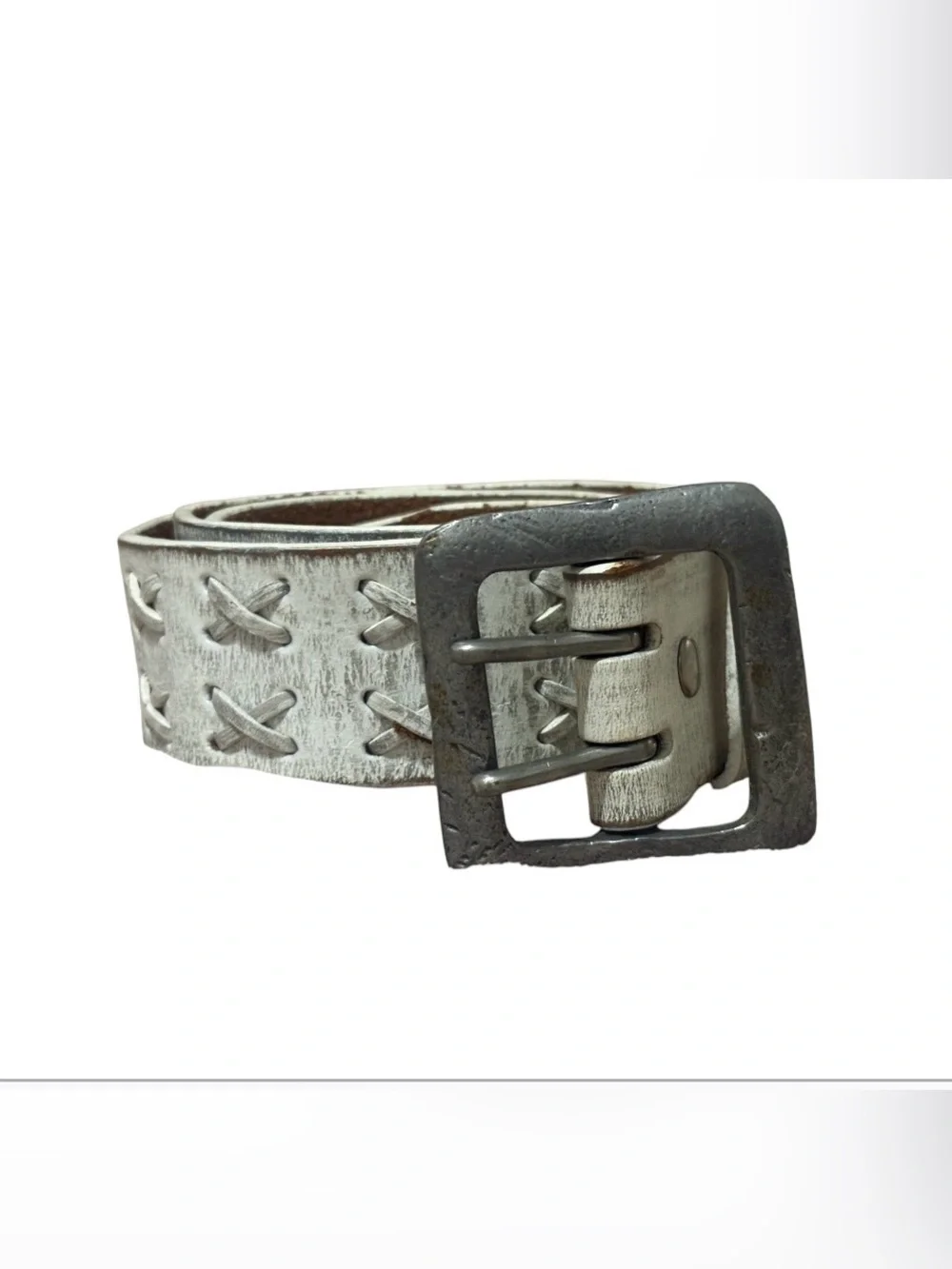Leather island  White Distressed Leather Belt with Double-Prong Buckle